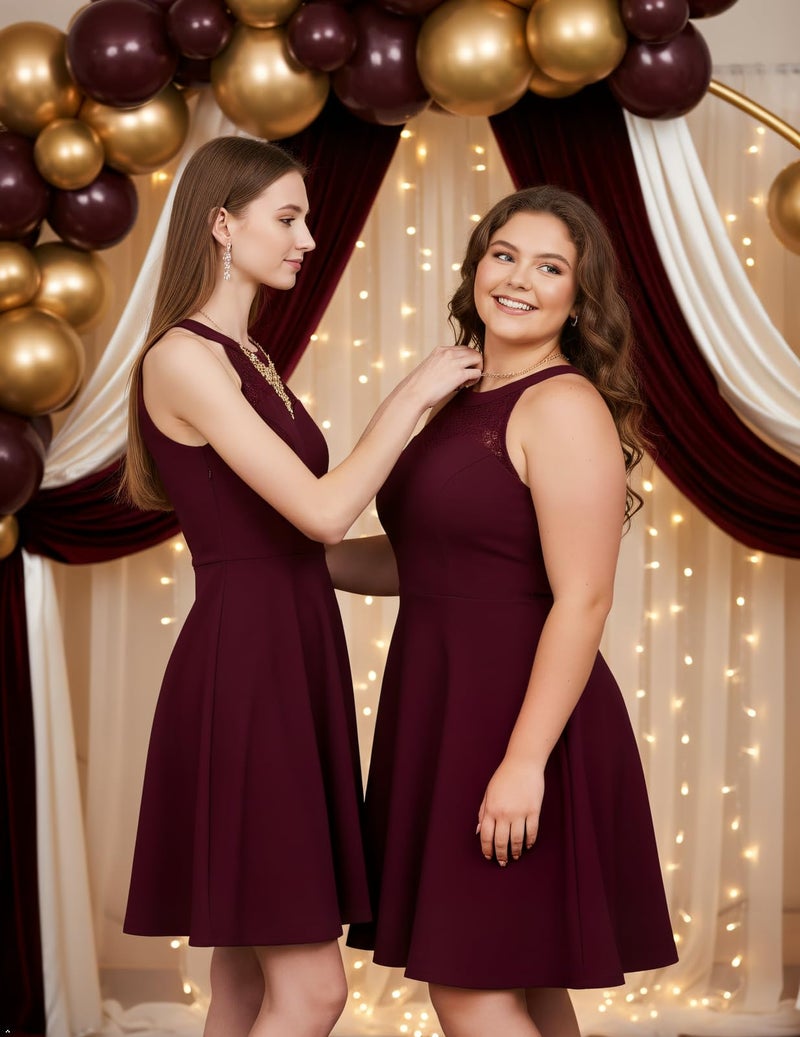 Bbonlinedress Vintage Burgundy Cocktail Women Wedding Guest Formal Homecoming Dresses Short Prom Bridesmaid Halter Dress Burgundy 2XL - Image 4